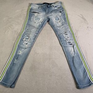 Focus Jeans Jeans Mens 32x32 Light Wash Blue Slim Skinny Moto Biker Distressed